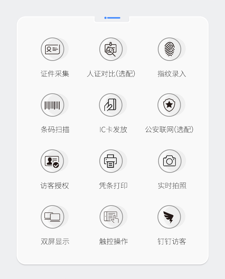證件采集、人(rén)證對比、指紋錄入、條碼掃描、IC卡發放、公安聯網、訪客授權、憑條打印、實時(shí)拍照、雙屏顯示、觸控操作(zuò)、釘釘訪客